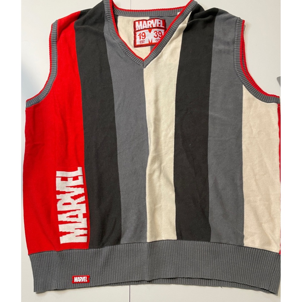 Marvel Comics Mens V-Neck Sweater Vest Striped Red Black Grey Large NWT